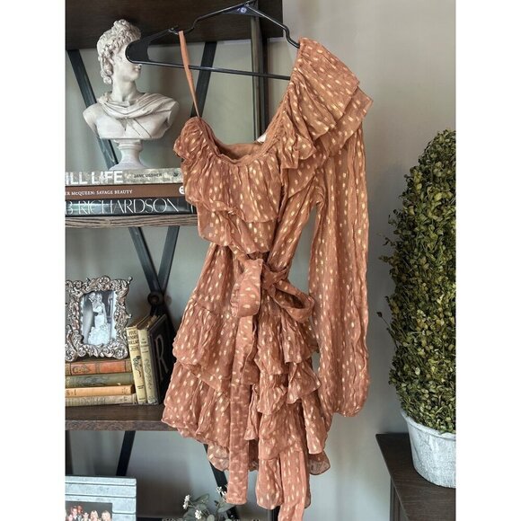 ROCOCO SAND Aine One Shoulder Belted Mini Dress Tan Womens Size Small - Picture 6 of 9